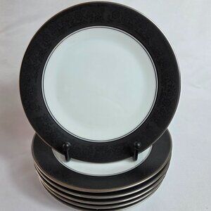 SIX Noritake Mirano Bread Plates White with Etched Flowers on Black Band